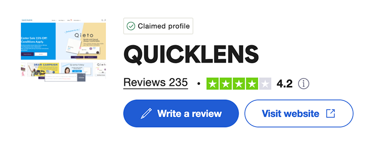 Screenshot of Quicklens New Zealand rating on trust pilot.