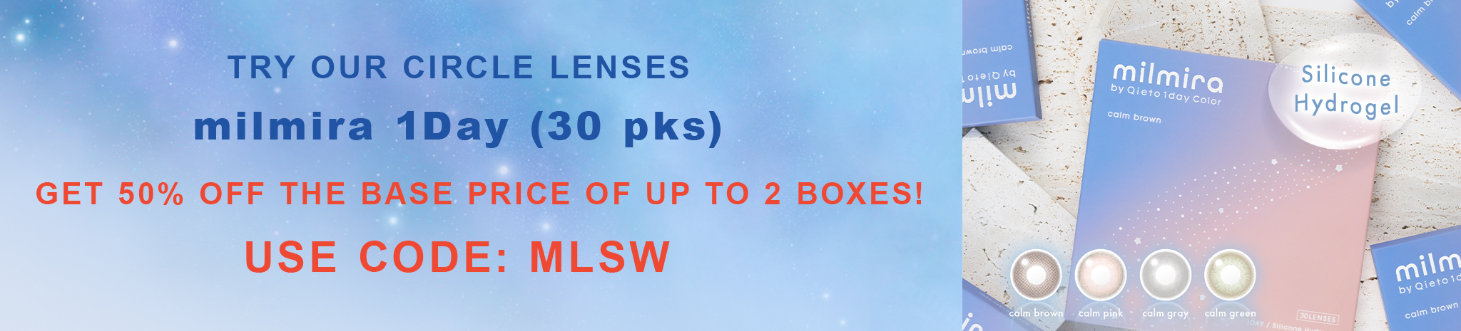 milmira 1Day 30 Pack with code MLSW, available on up to two boxes