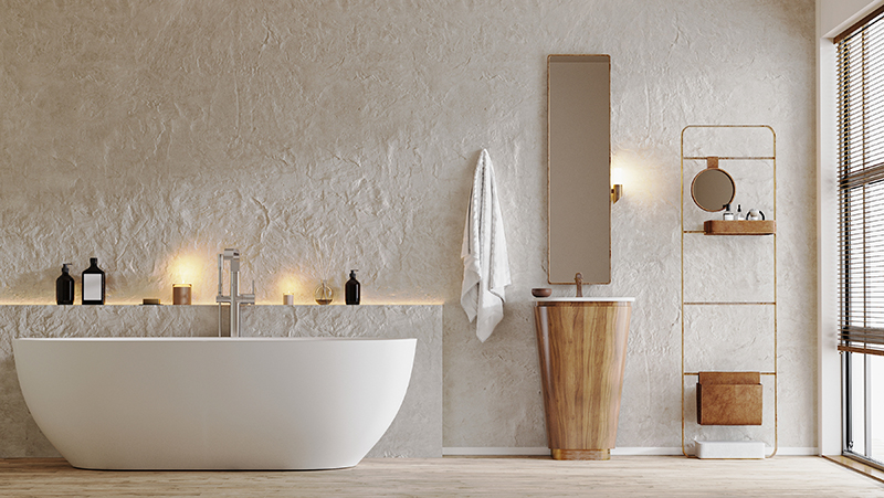 Modern bathroom interior with tub and wooden stand sink, mirror and bath accessories