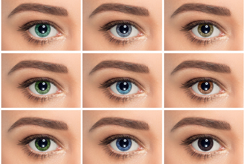 Close-up eyes with various coloured contact lenses, showcasing different shades